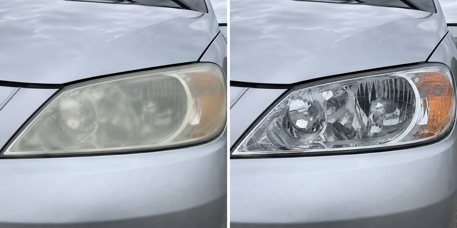 Headlight restoration before and after — from cloudy and oxidized to crystal clear